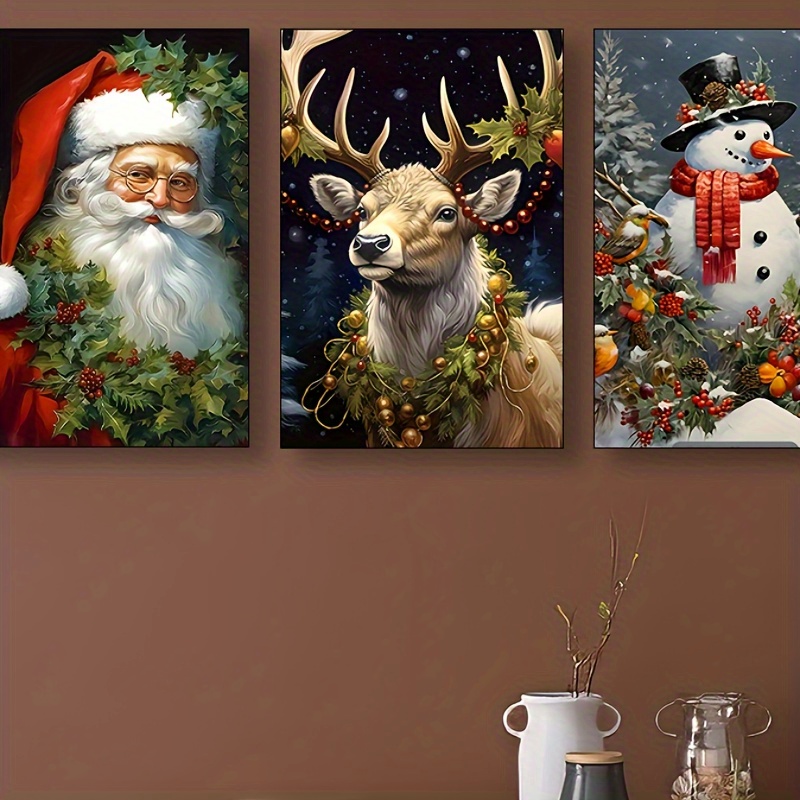 

3-piece Festive Canvas Set: Art , Animal & Holiday Prints, Snowman & Reindeer, Ideal For Home Office, Classroom, Kitchen, Indoor Portrait Paintings, Canvas Art