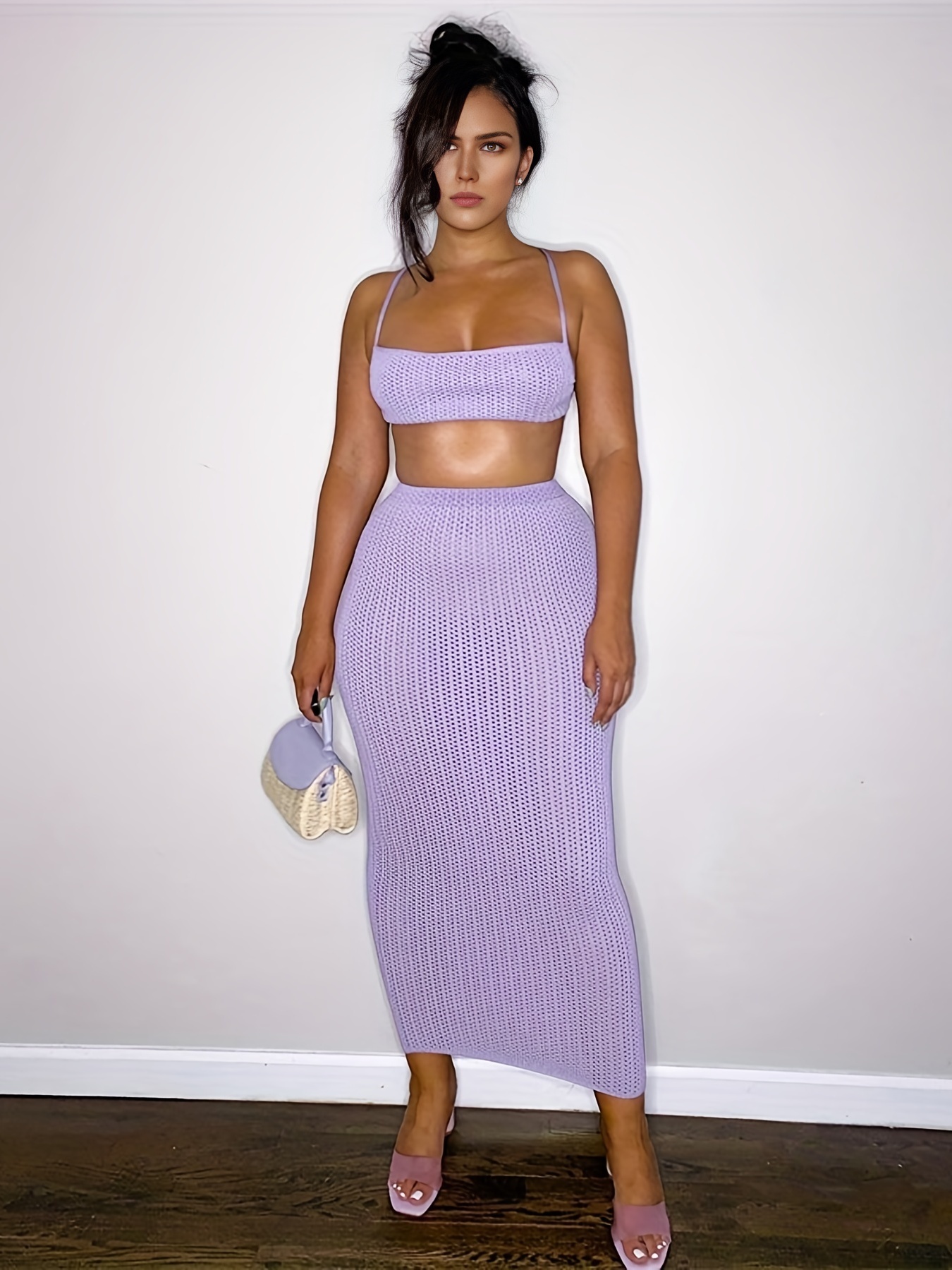 Cropped Vest & Pencil Skirt Set Tie Back High Waist Outfit Women's Clothing