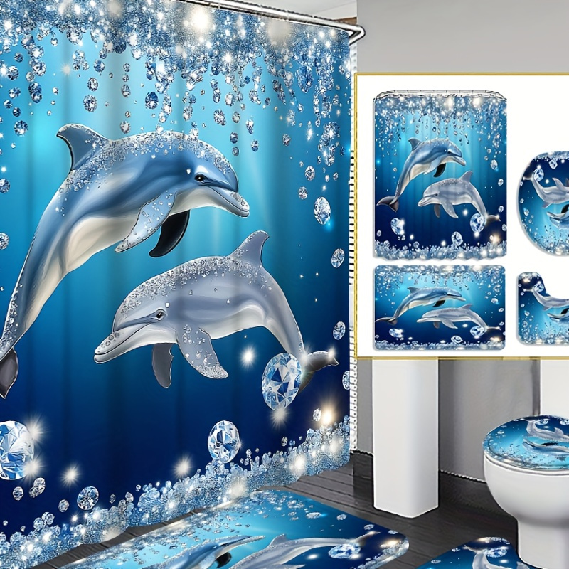 

4pcs Diamond Dolphin Shower Curtain Decoration, Beautiful Housewarming Gift Decoration, Waterproof Shower Curtain And Toilet Floor Mat Three-piece Set Comes With 12 Shower Curtain Hooks