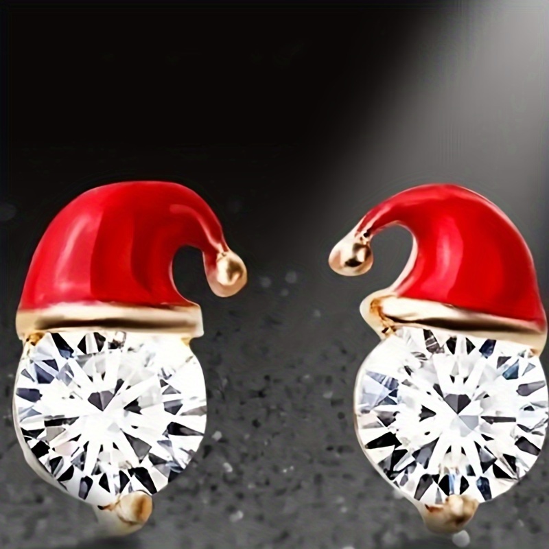 

2pcs Fashion Christmas Earrings With Red Santa Hat And Imitation Zirconia - Alloy Stud Earrings With Stainless Steel Post For Women