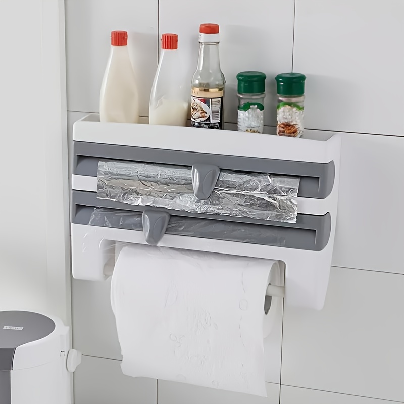 3 IN 1 Wall-Mount Paper Towel Holder Preservative Film Dispenser Aluminum  Foil Barbecue with Cutter Sauce Bottle Storage Rack