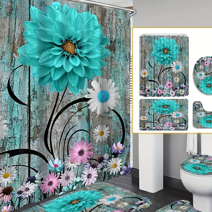 

4pcs Country Curtain Shower Curtain Decoration, Beautiful Housewarming Gift Decoration, Waterproof Shower Curtain And Toilet Floor Mat Piece Set With 12 Shower Curtain Hooks