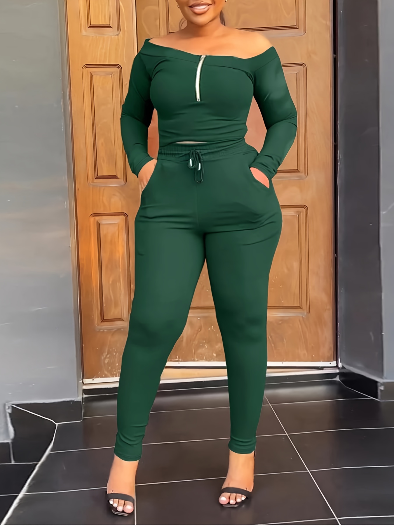 Plus Size Sexy Outfits Set, Women's Plus Solid Long Sleeve Round Neck  Bodysuit & Leggings Outfits Two Piece Set