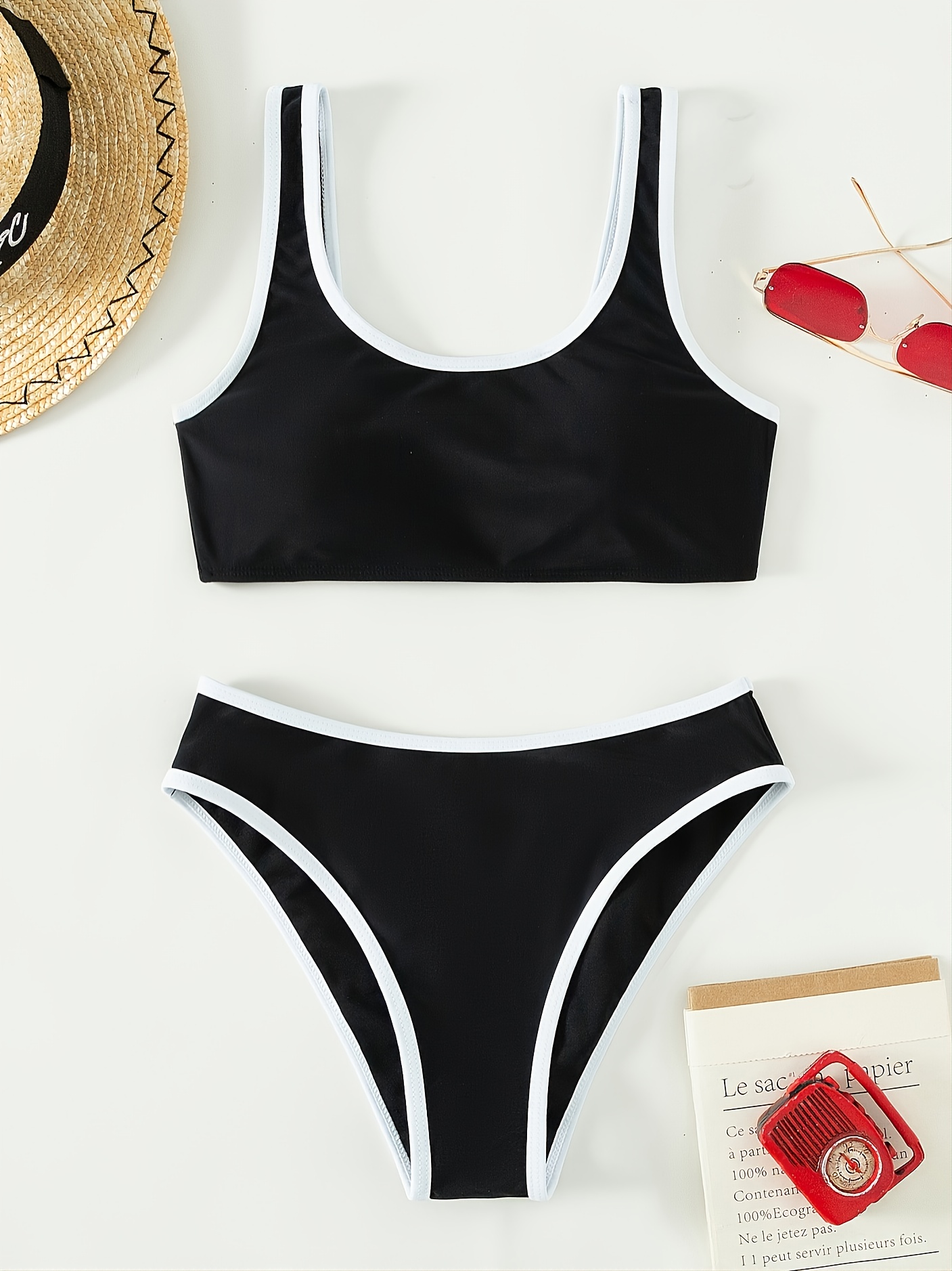 Contrast Trim Black & White Tank Top High Cut Two Piece Bikini Swimsuit ...