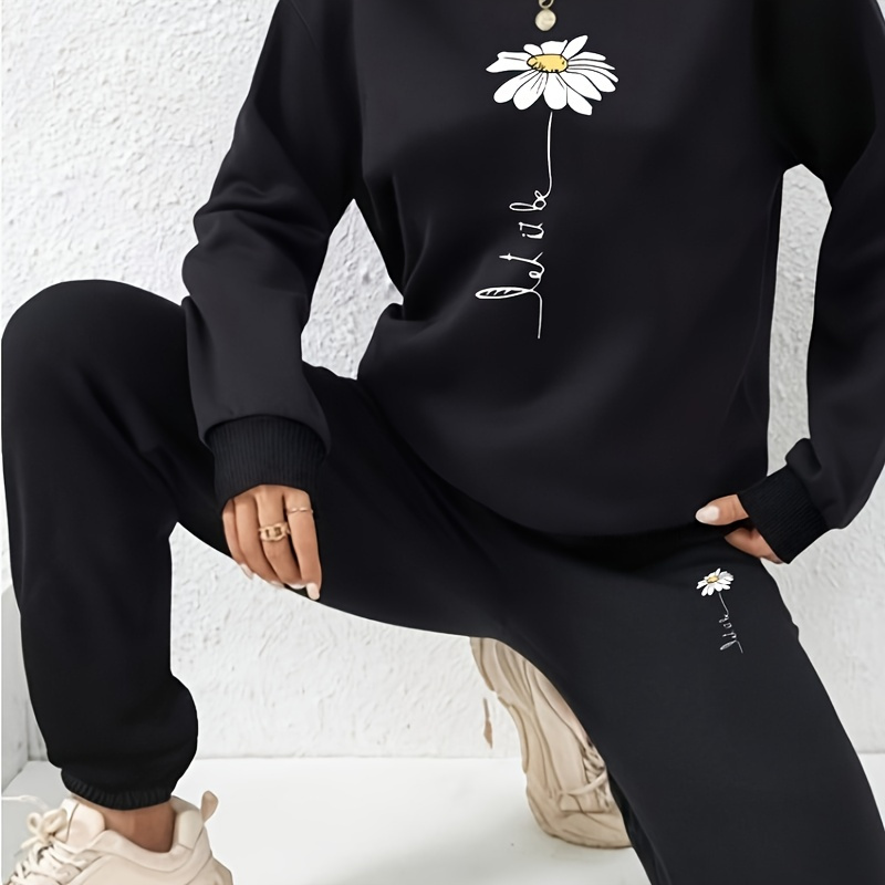 

Women's Y2k Polyester Tracksuit Set - Casual Crew Neck Long Sleeve Sweatshirt And Joggers With Minimalist Daisy Print For Fall/winter Season | Knit Fabric Loungewear Outfit