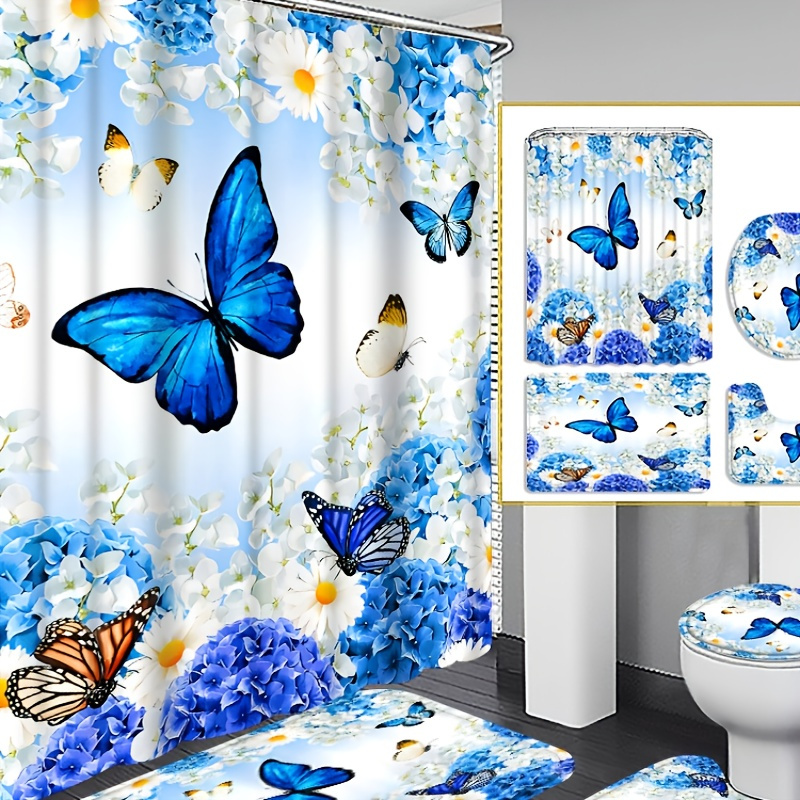 

4pcs Flowers With Curtain Shower Curtain Decoration, Beautiful Housewarming Gift Decoration, Waterproof Shower Curtain And Toilet Floor Mat Three-piece Set Comes With 12 Shower Curtain Hooks