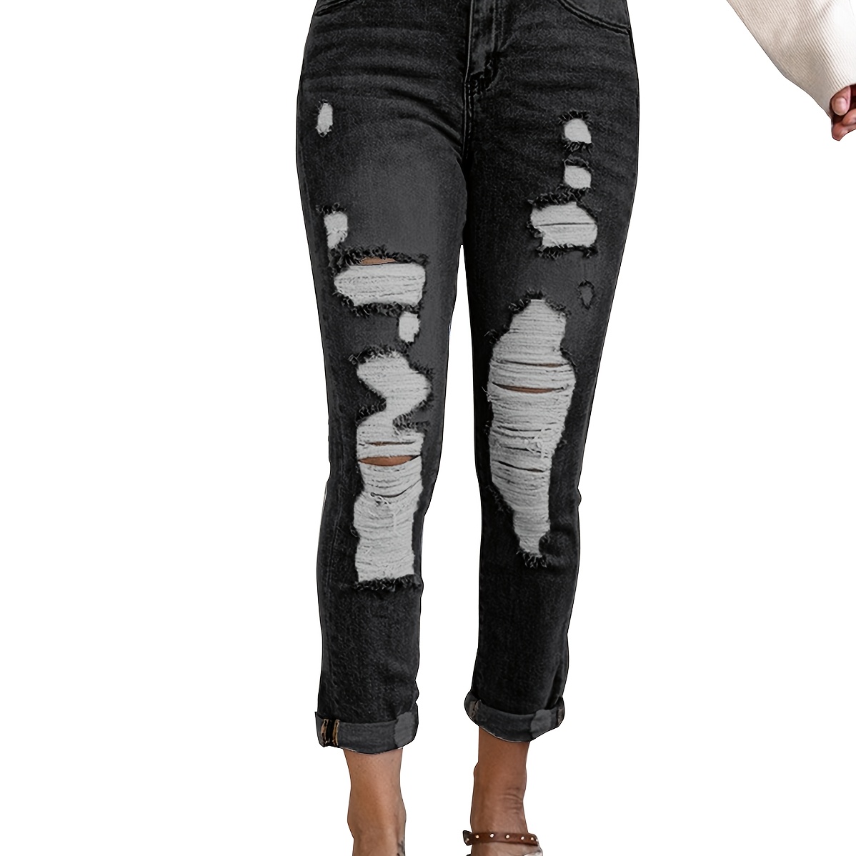 High Rise Ripped Skinny Jeans, Solid Black Distressed Stretchy Slash Pocket  Denim Pants, Women's Denim Jeans & Clothing