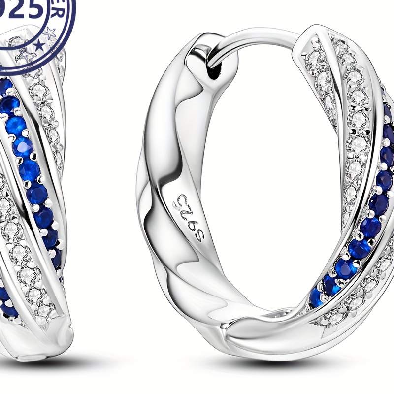 

4.54g/0.16oz S925 Sterling Silver Blue And White Twisted Hoop Earrings Zirconia Decor Hoop Earrings Jewelry For Women Gifts