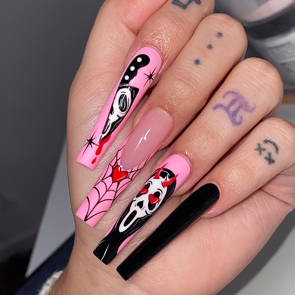 Extra Long Coffin Fake Nails, Halloween Press On Nails With Cute Ghost  Silvery Glitter Cobweb And Moon Spider Design, Glossy Glue On Nails For  Women Girls - Temu Belgium