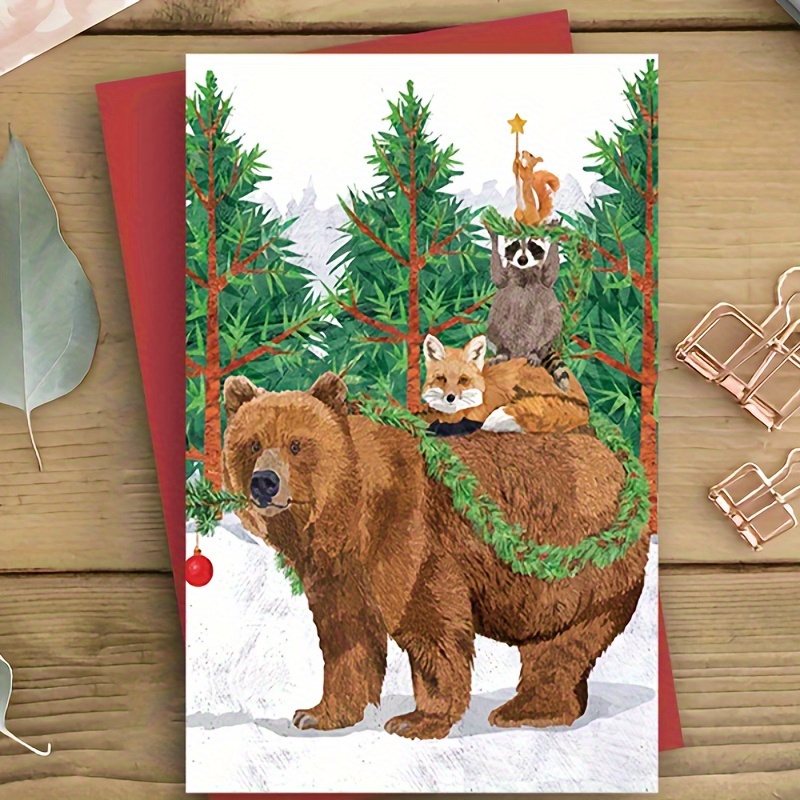 

1pc Christmas Greeting Card With Envelope - Winter Woodland Animals Scene - For