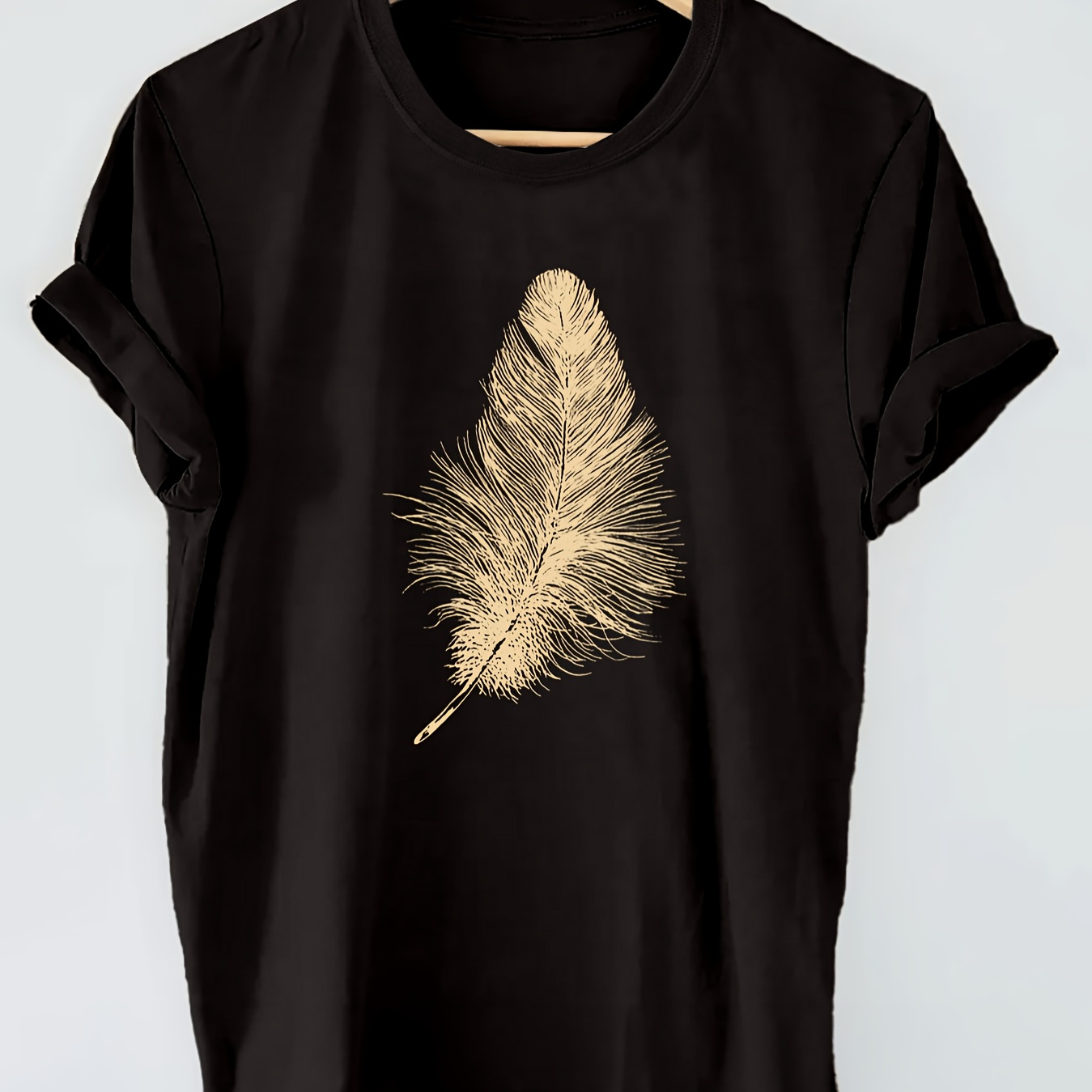 

Feather Print T-shirt, Short Sleeve Crew Neck Casual Top For Summer & Spring, Women's Clothing