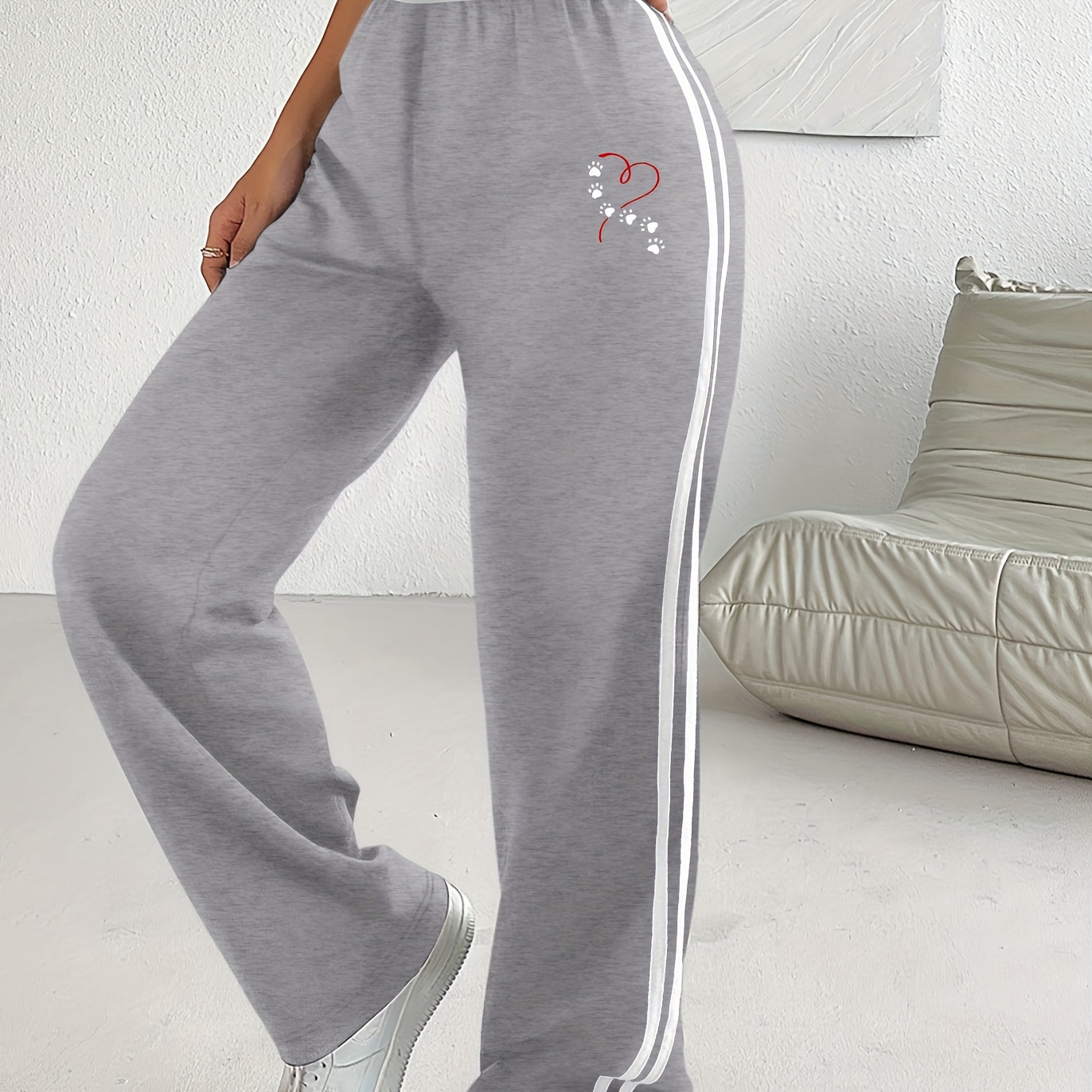 

Pantalon de jogging en de polyester pour femmes avec imprimé de pattes de chien et de cœur, pantalon large à rayures taille haute décontracté, pantalon de sport toutes avec détail