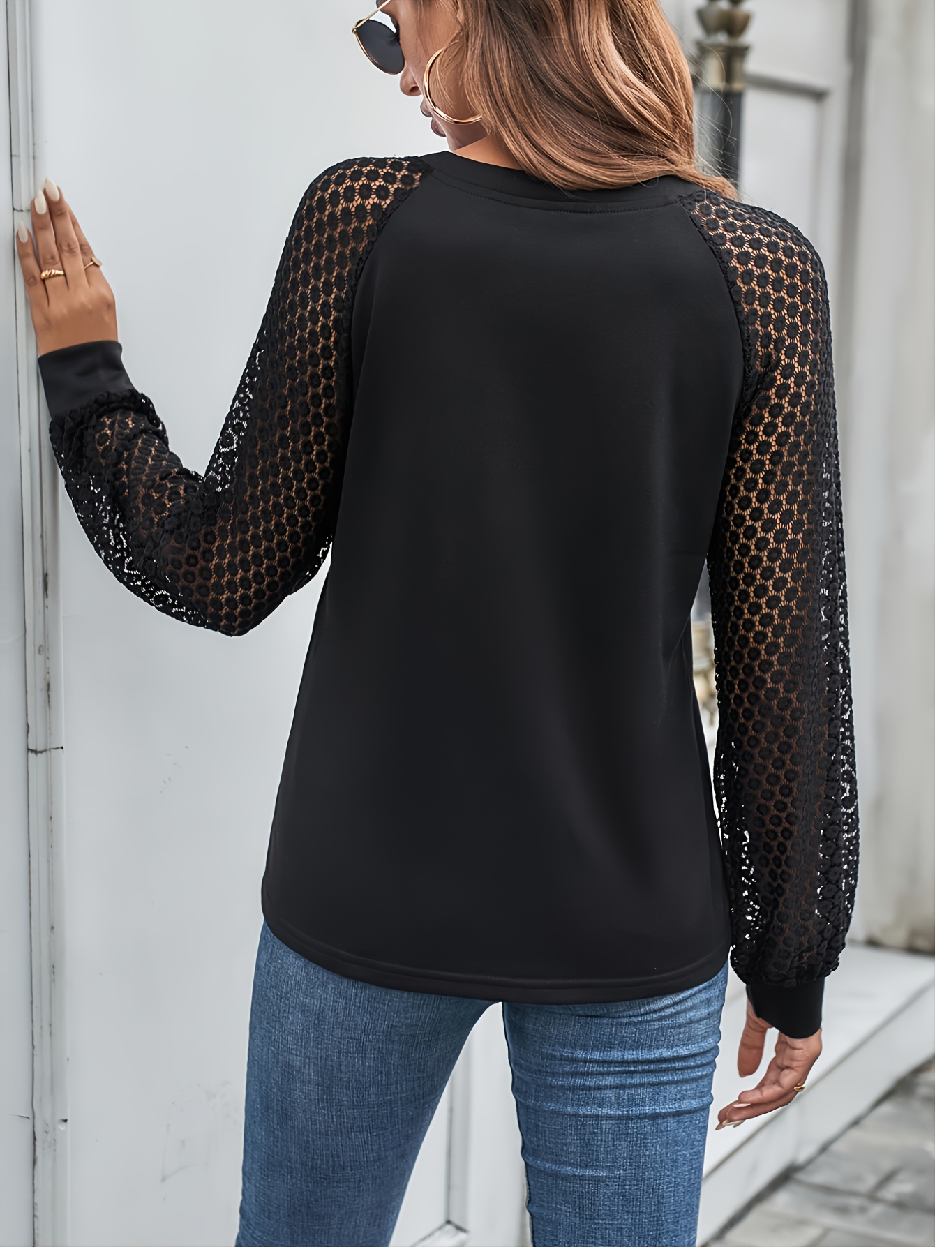 V Neck Hollow Lace Stitching Tops, Casual Long Sleeve Fashion Loose Fall  Winter Tops, Women's Clothing