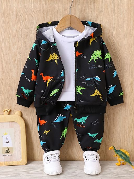 Baby Boys Hooded Zipper Jacket Dinosaur Print Hoodie & Pants Kids Clothes