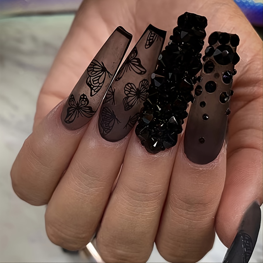 Medium Press on Nails Coffin Fake Nails with Black Stripe Rhinestones  Designs Full Cover Gold Glitter Acrylic Nails Matte Artificial Nails Summer