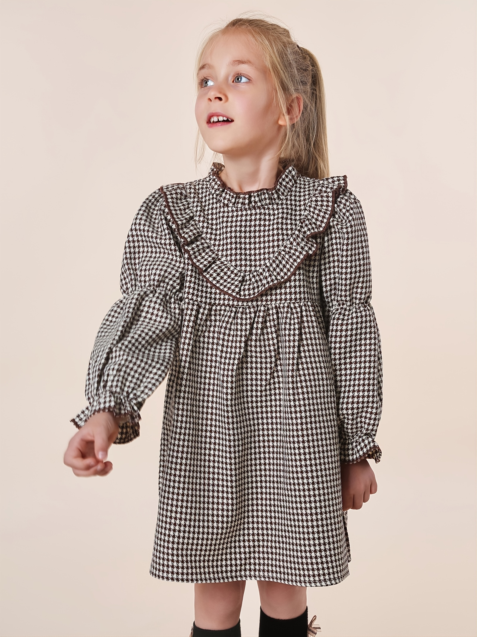 Girls Mock Collar Long Sleeve Houndstooth Dress Kids Clothes Fall Winter  Outfits - Kid's Fashion - Temu