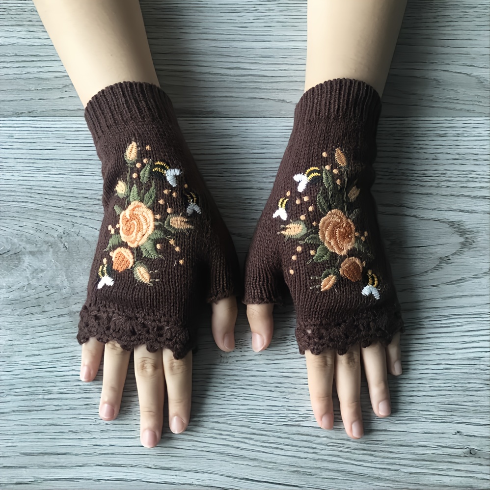 Handmade Flower Embroidered Gloves Women's Fingerless Knit - Temu Canada