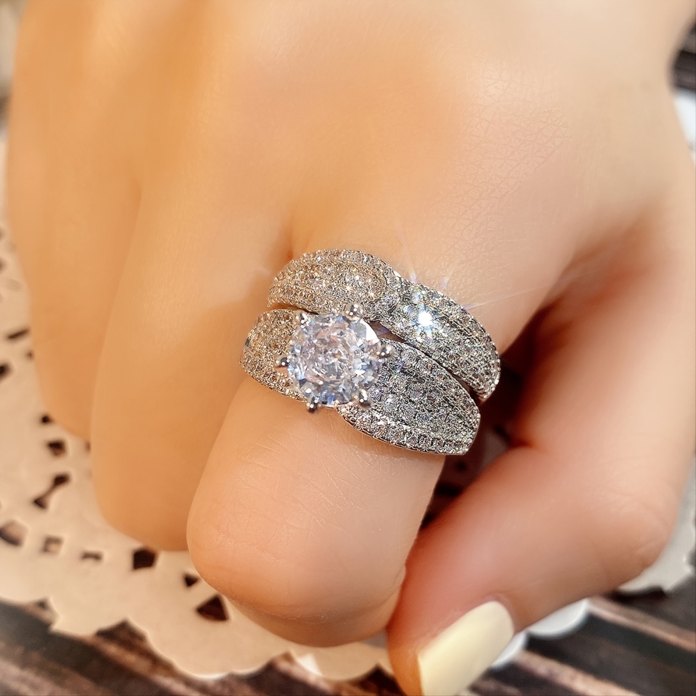 2 Pcs Set 925 Silver Plated Bridal Zircon Ring, Engagement Gift