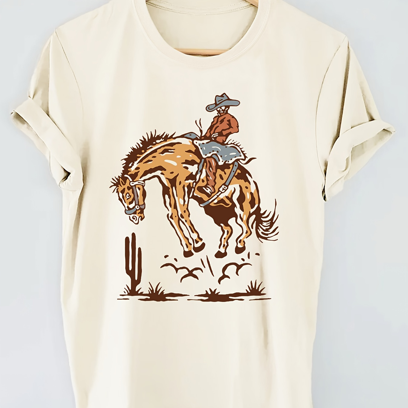 

Horse Print T-shirt, Short Sleeve Crew Neck Casual Top For Summer & Spring, Women's Clothing
