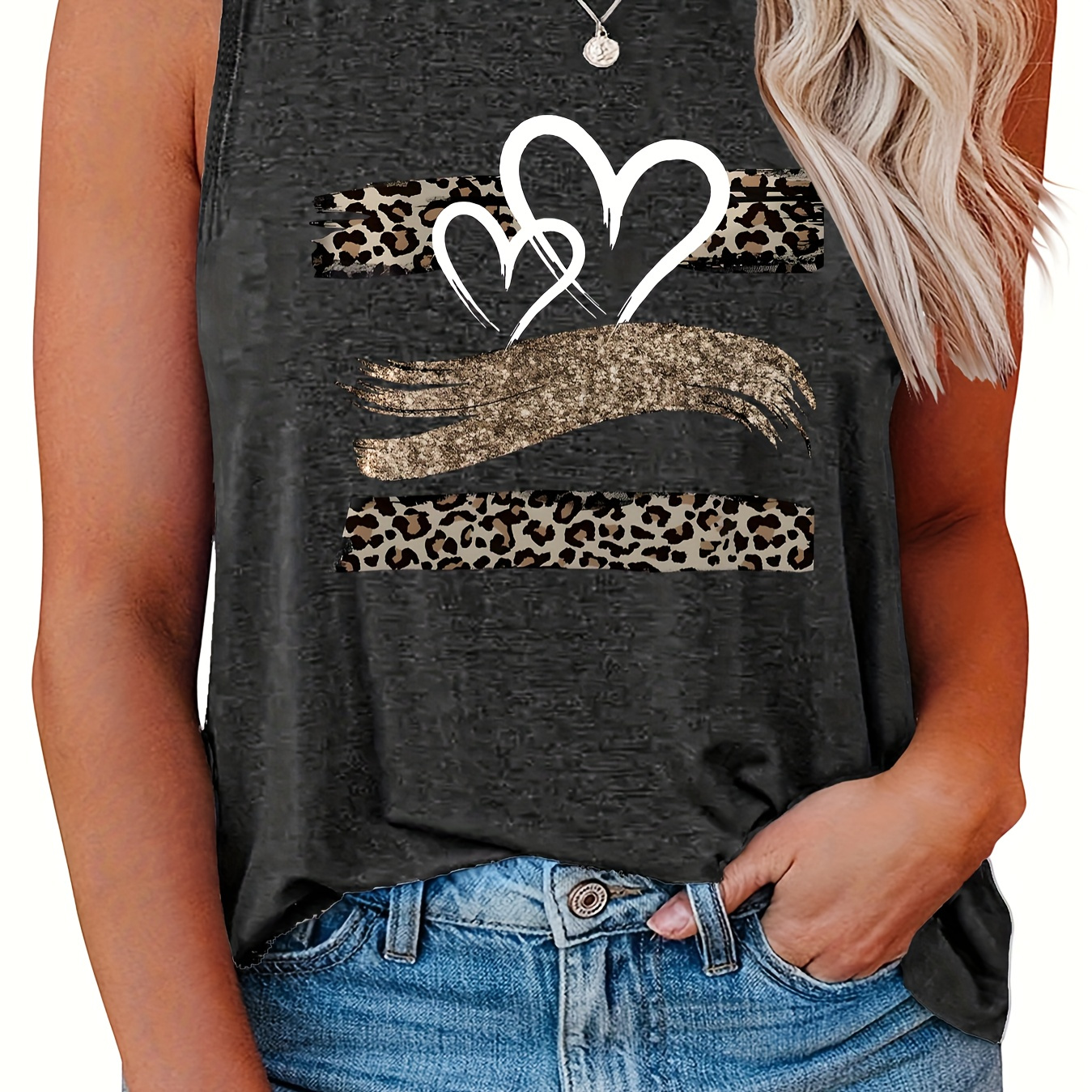 

Plus Size Heart Print Tank Top, Sleeveless Casual Top For Summer & Spring, Women's Plus Size Clothing