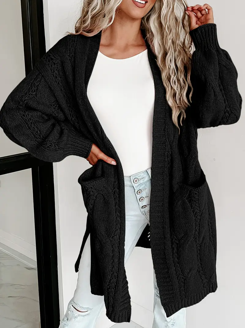 Solid Open Front Cable Knit Cardigan Casual Long Sleeve - Temu Canada