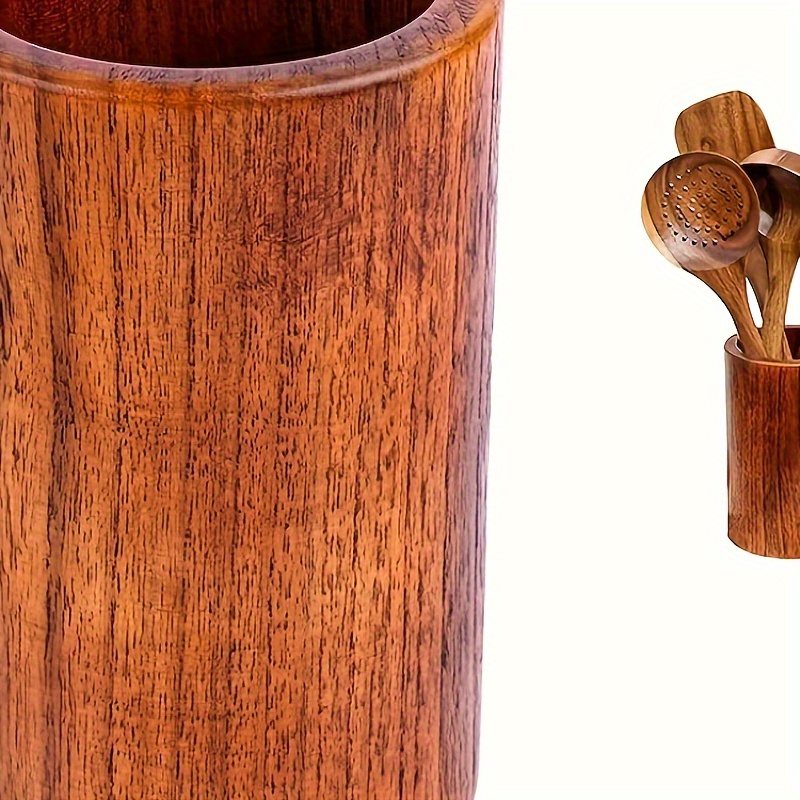 

Natural Wood Kitchen Utensil Holder - 5.8" X 3.7" Countertop Organizer For Spoons, Spatulas & Cooking Tools - Olive Brown