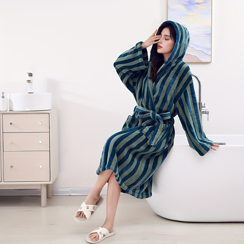 1pc retro striped hooded bathrobe retro style coral velvet thickened super soft super absorbent quick drying bathrobe   men and women same style autumn   wear