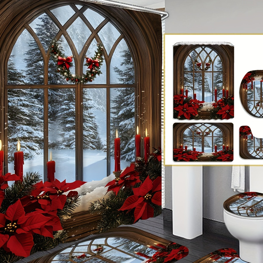 

Christmas Window Shower Curtain Set With 12 Hooks: Artistic Red Poinsettias, Candles, And Snowy View For A Cozy Holiday Bathroom Decor