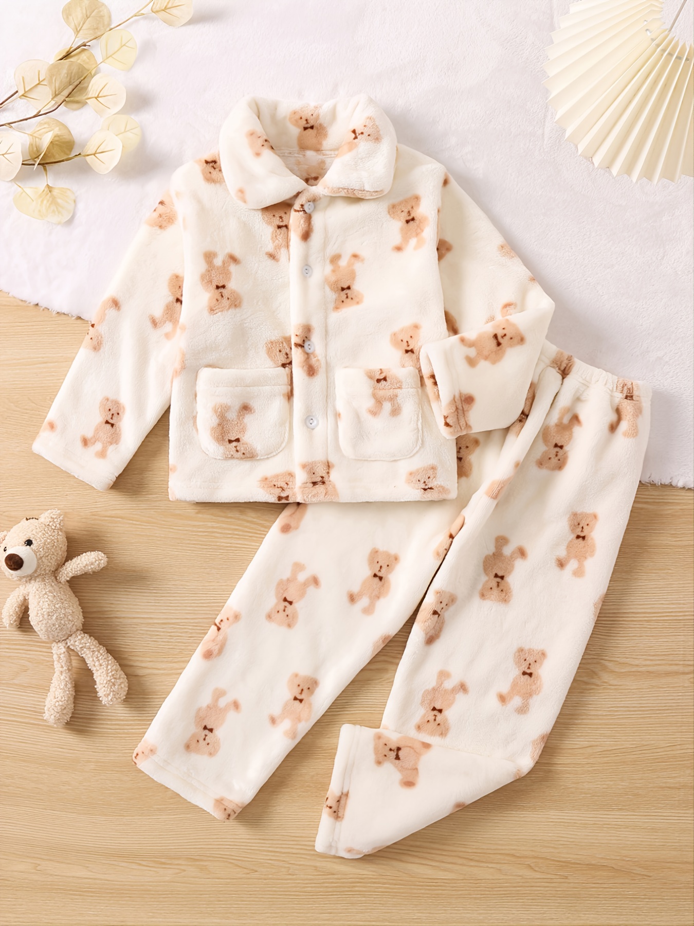 Kids Cute Bear Thickened Warm Long-sleeved Top+Pants Pajama Set