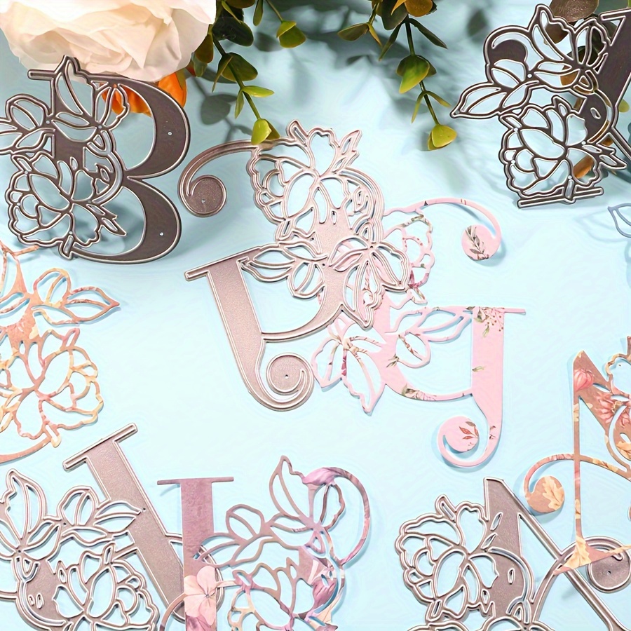 

26-piece Set Of Uppercase Alphabet Letters With Flower Patterns Die-cuts, Silver Grey Script And Numeric Symbols Metal Cutting Dies For Diy Scrapbooking, Card Making, And Greeting Card Decorations