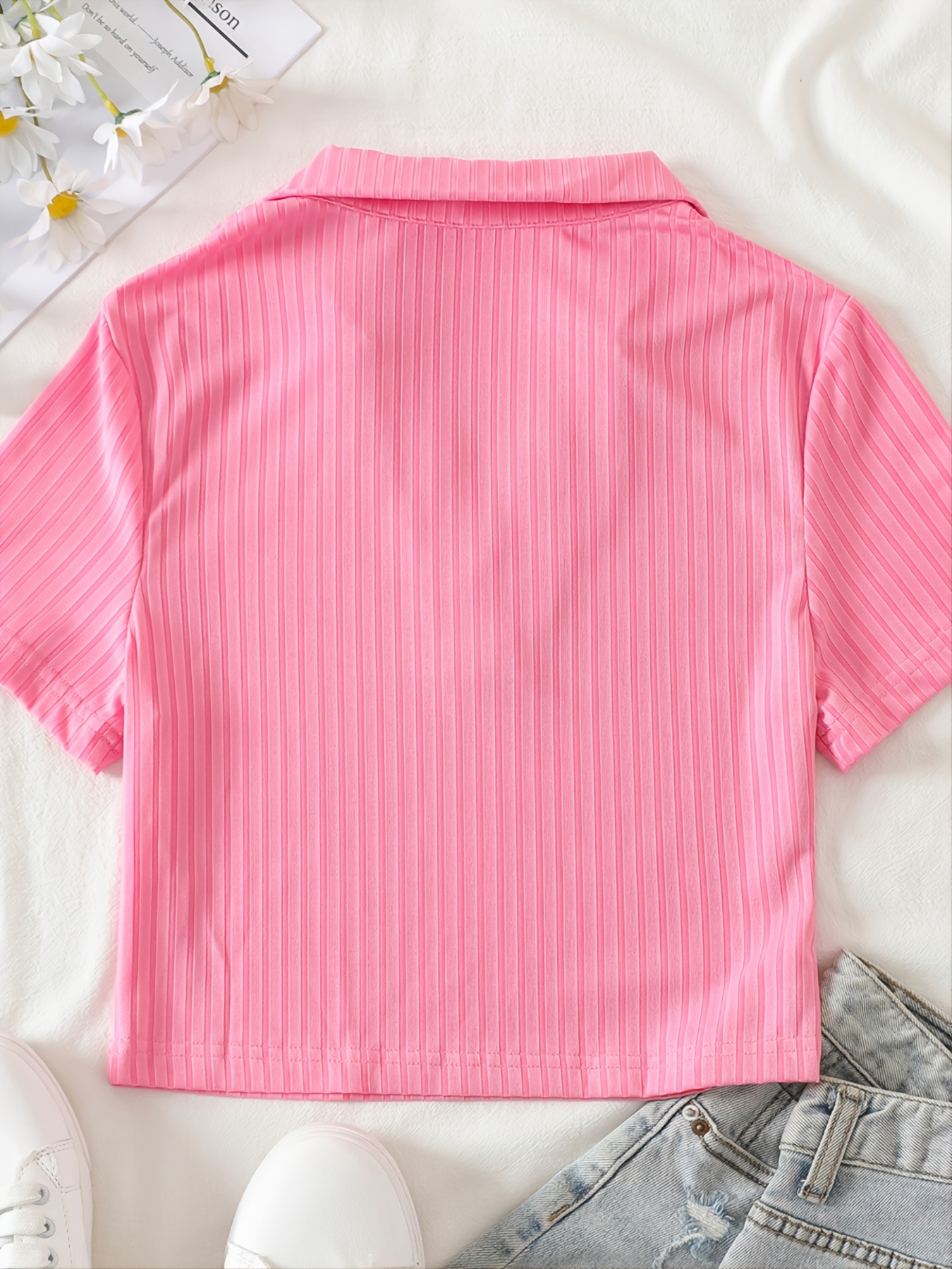 Neon Pink V Neck Short Sleeve Knit Top