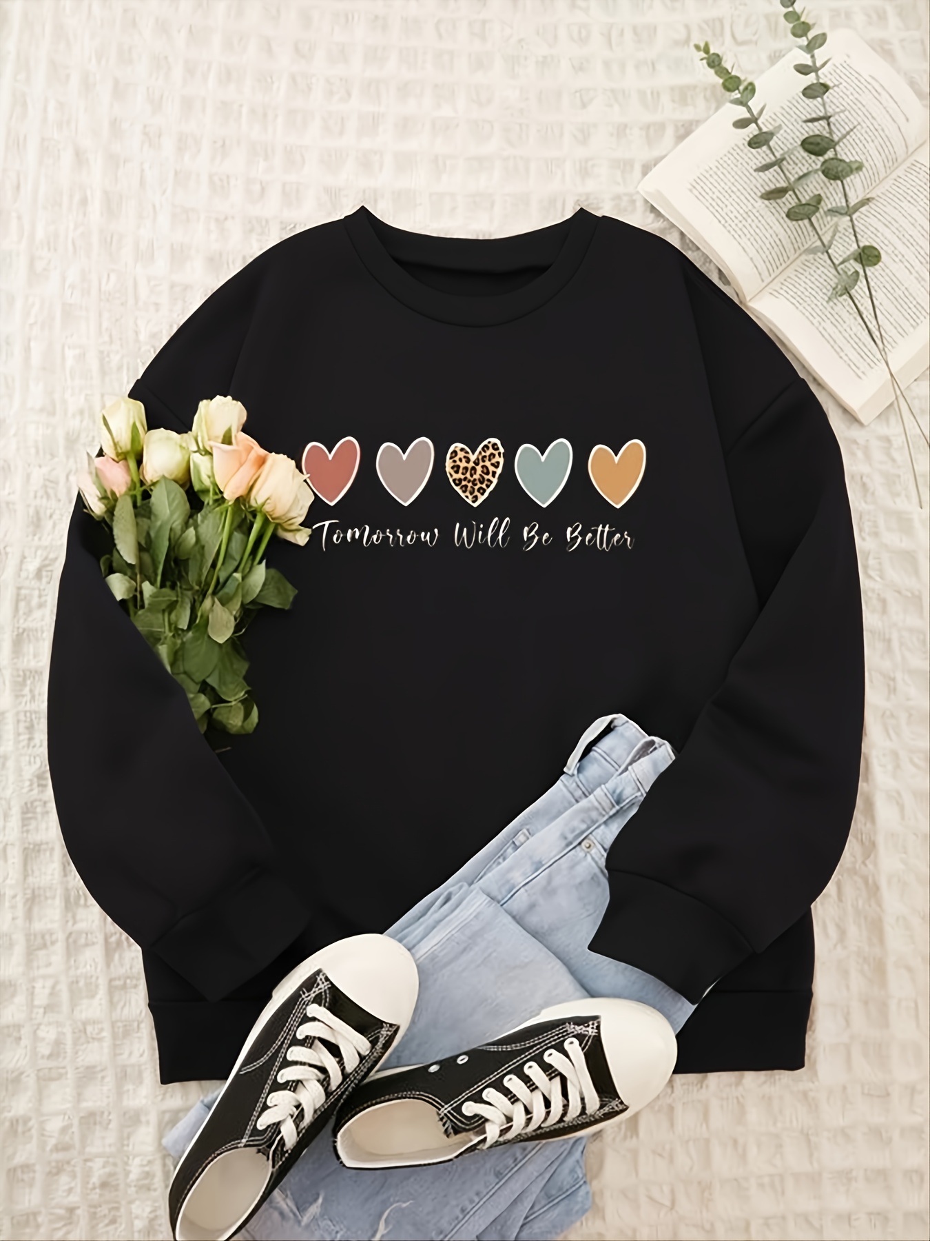 Heart & Skull Print Sweatshirt, Casual Long Sleeve Crew Neck Sweatshirt,  Women's Clothing - Temu