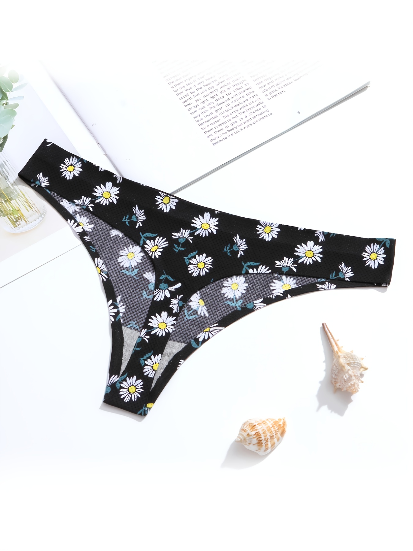 Seamless Panties - Black Flower Printing Floral Low Rise Bikini