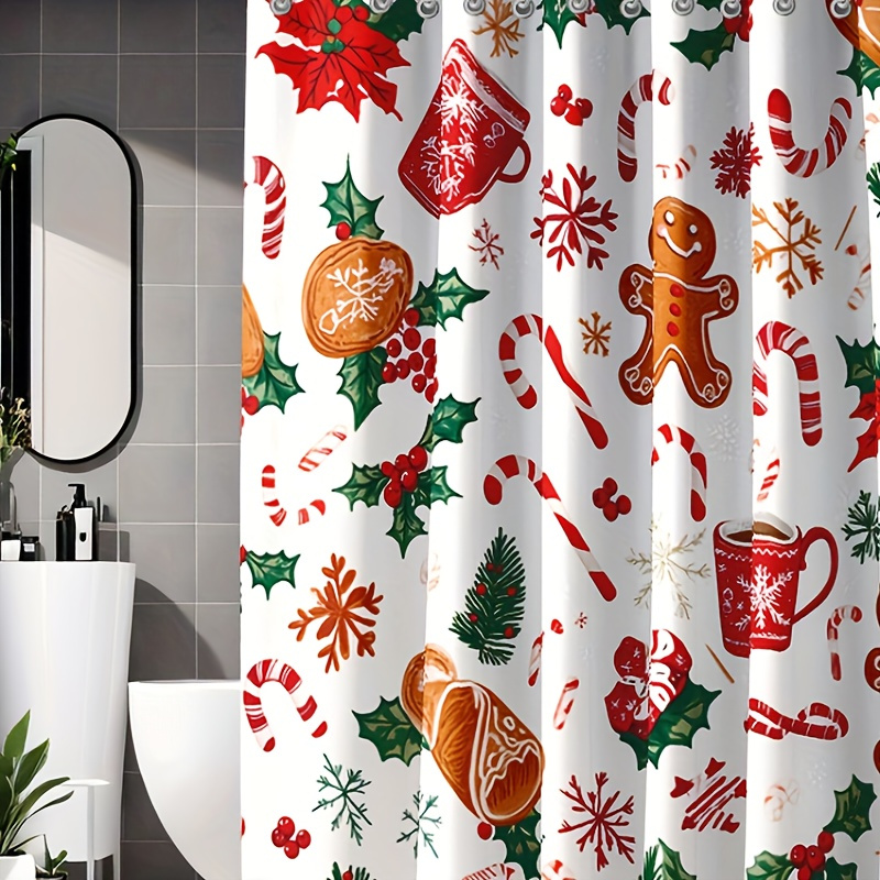 

Christmas Shower Curtain Set - & Bath Mat, U-shaped Lid , And 12 - Red & Bathroom Decor For