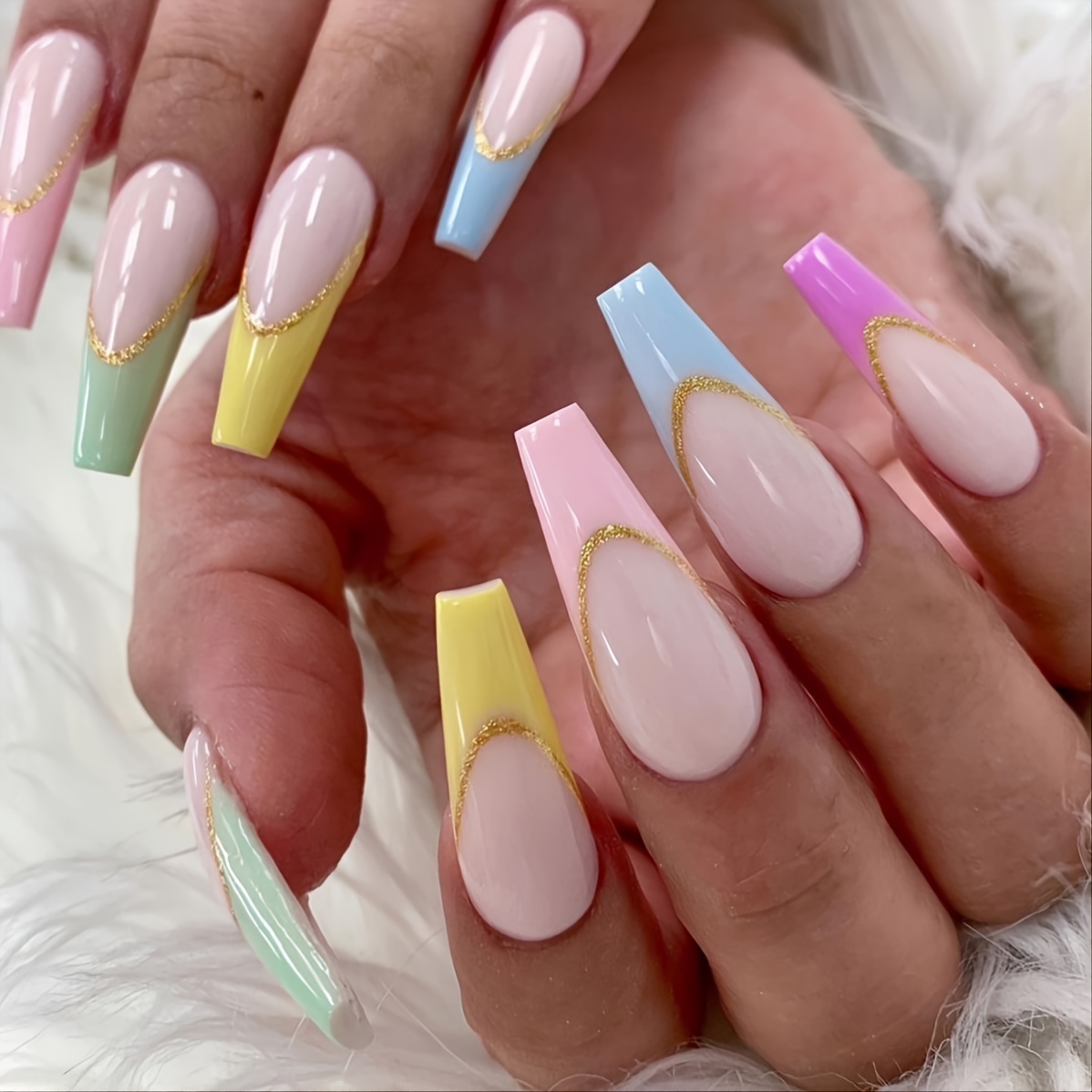 24Pcs Long Coffin False Nails Rainbow Colored Pink with French