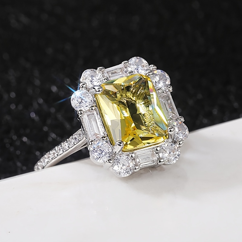 Princess Square Cut Citrine & Cubic Zirconia Silver Ring