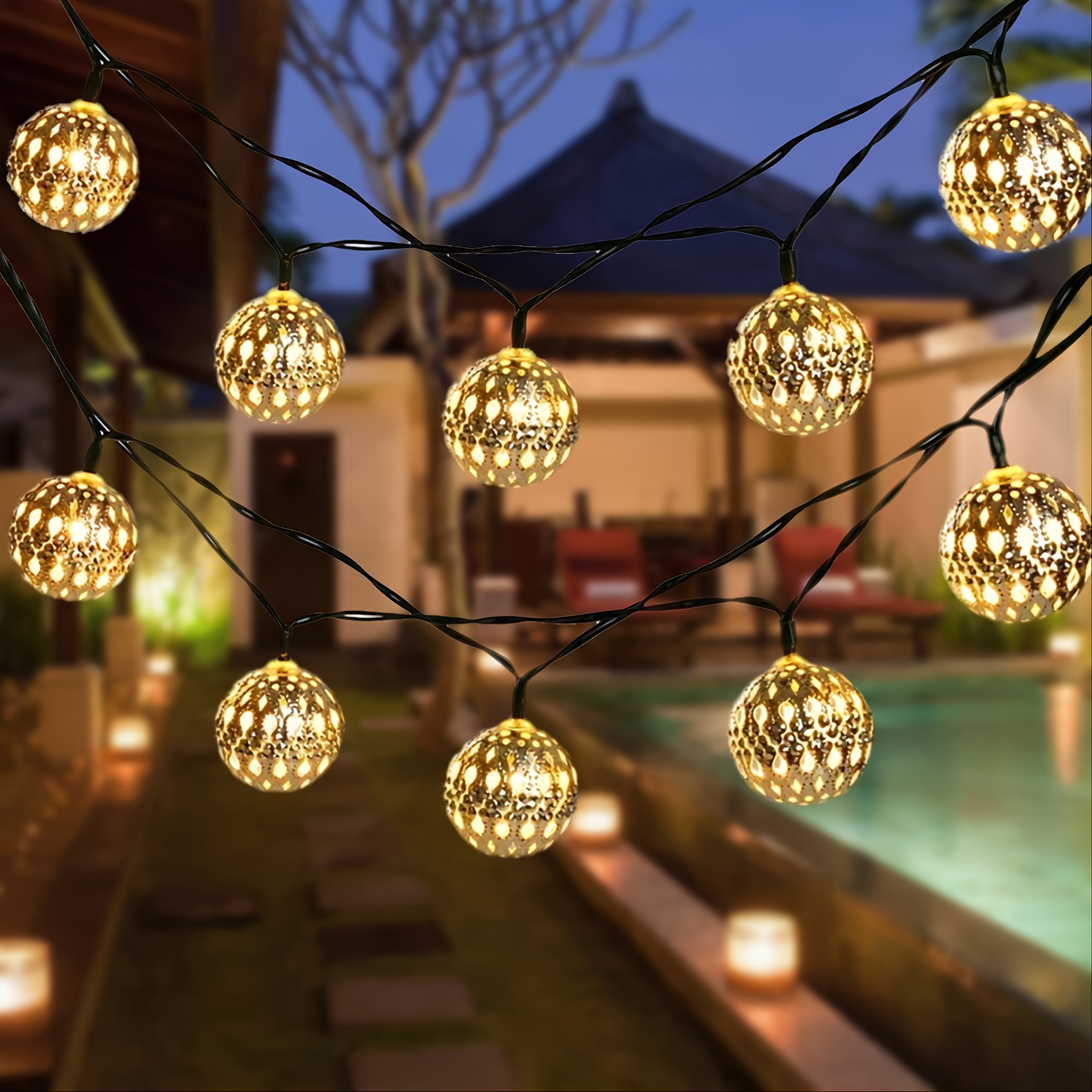 1pc LED Hollow Out Moroccan Ball, Light String Wrought Iron Ball, 59in, 10  Lights, Christmas Decorations