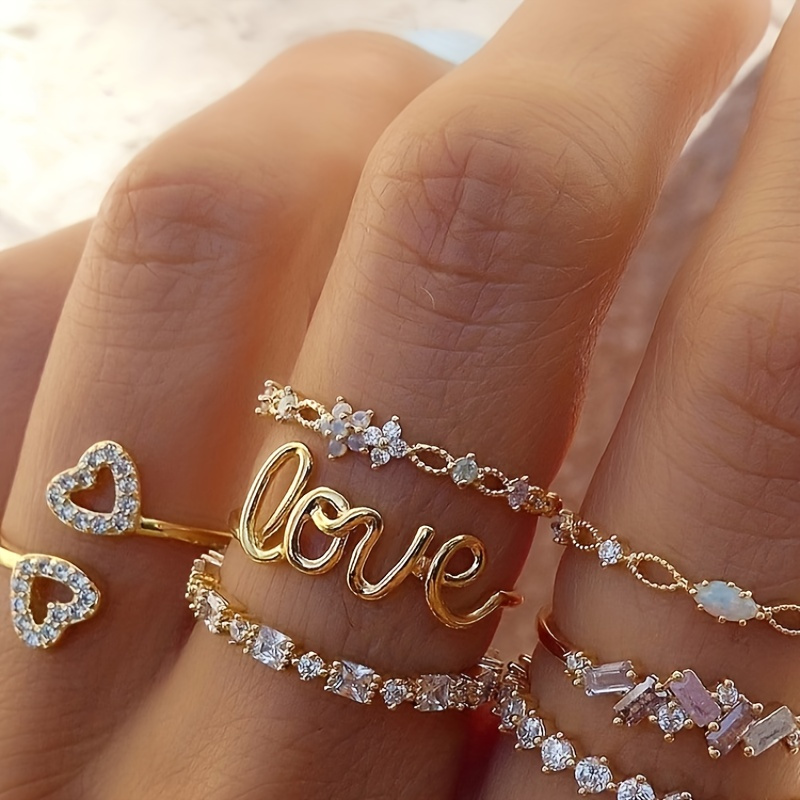 

Elegant 7pcs Golden-tone Heart & Letter Ring Set With Rhinestones - Casual Attire & Valentine's Gift