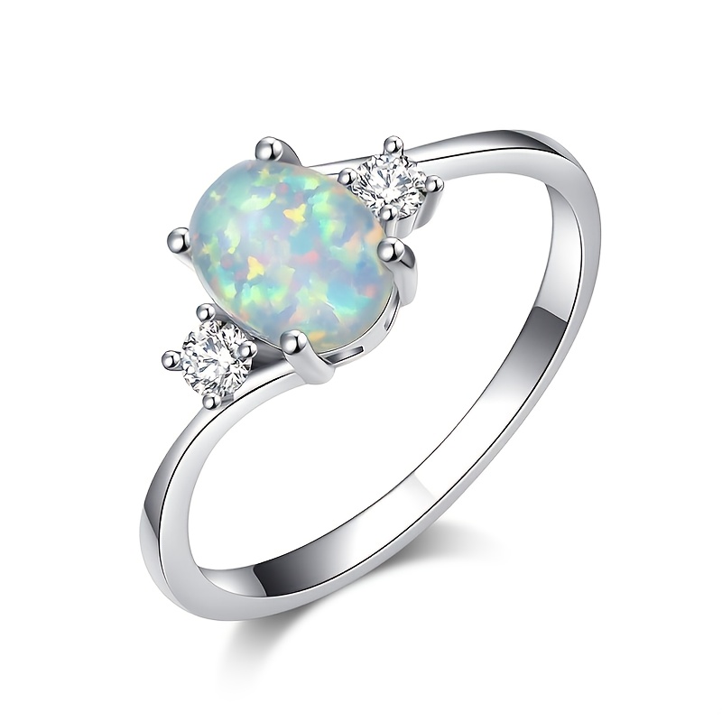 Opal Stone Engagement Ring Classic Silver Crystal Oval Wedding Ring