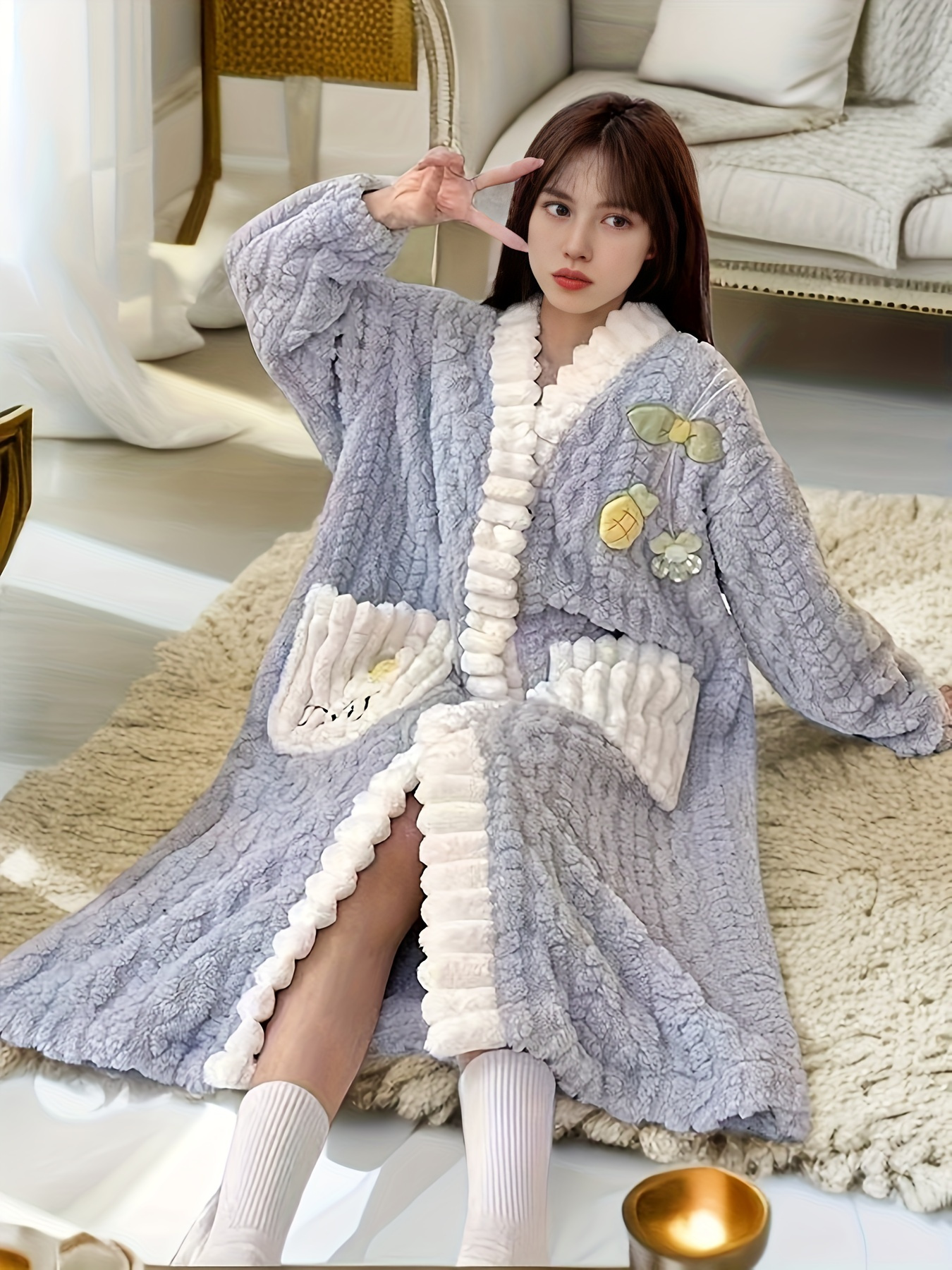 Flower Decor Fuzzy Night Robe Cute Long Sleeve V Neck Robe - Temu