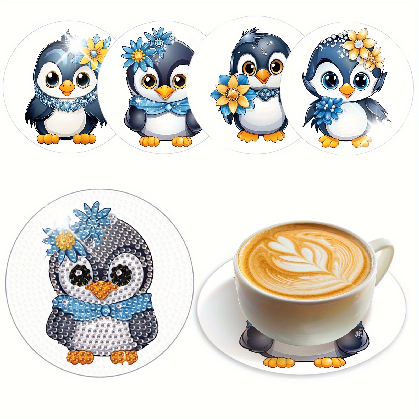 

4pcs Diamond Painting Wooden Coasters, Diy Diamond Art Animal Penguin Coasters, Art Craft Supplies For Beginners, Home Decor Gifts
