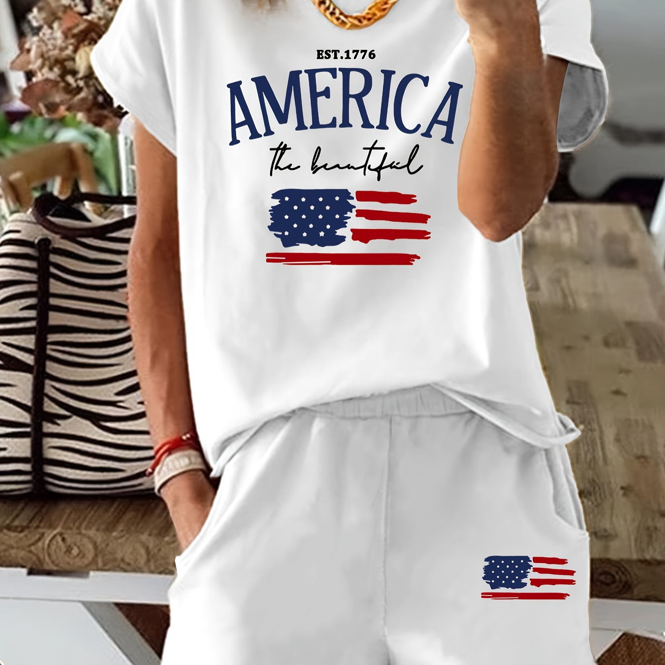 

America Print 2 Piece Set, Short Sleeve Crew Neck T-shirt & Elastic Waist Slant Pocket Shorts Outfits, Women's Clothing