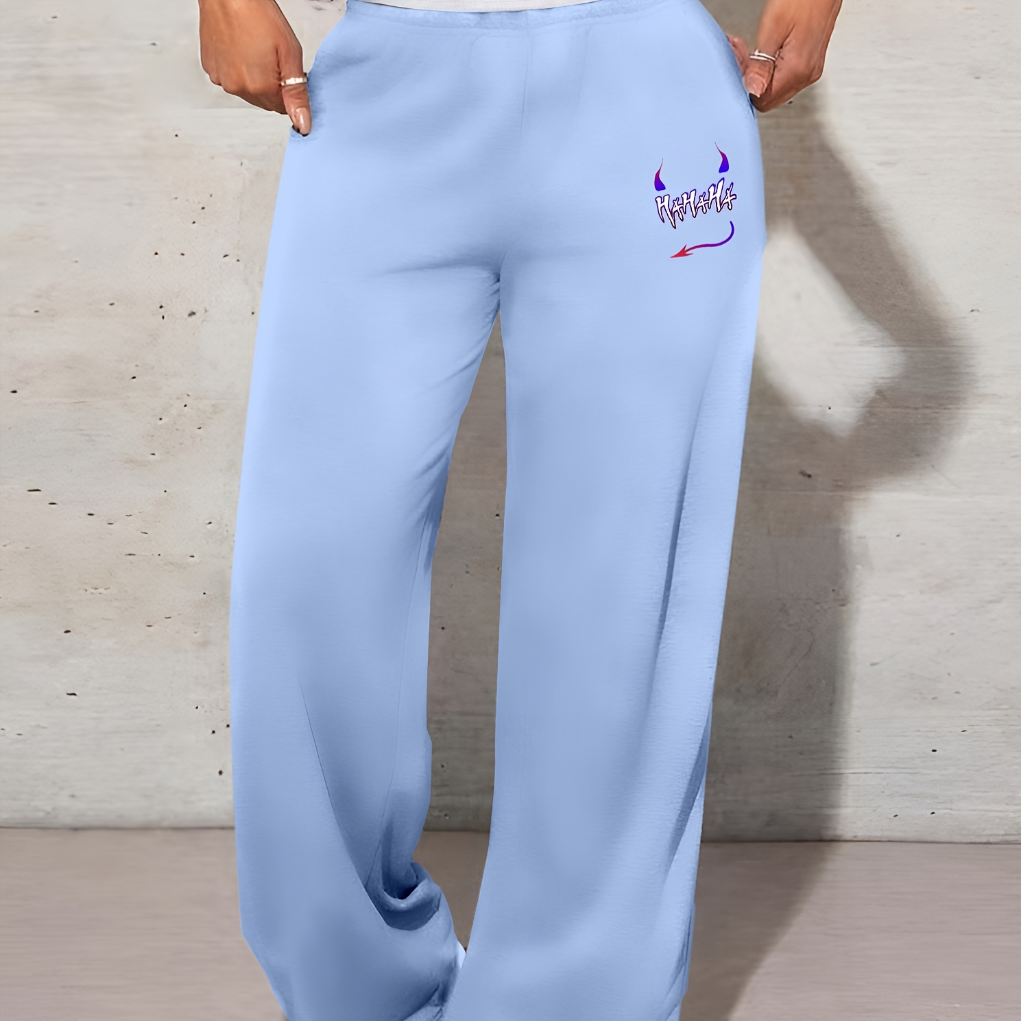 

Women's High-waist Casual Sweatpants With Pockets - Loose Fit, Letter Print, All-season Polyester Joggers