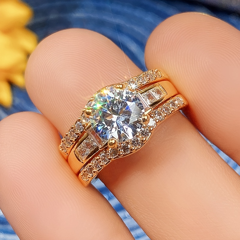 Plated Round Zircon Set Ring Fashion Luxury Engagement Wedding Jewelry For  Women Ring Set 3pcs