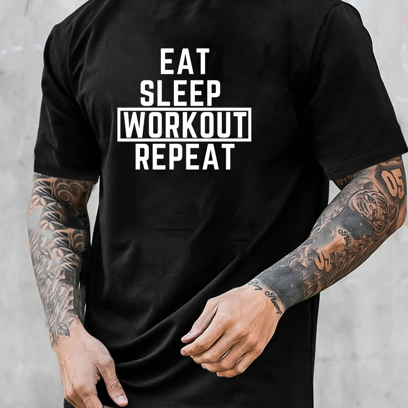 

Eat-sleep-workout Repeat Print Men's Short Sleeve T-shirts, Comfy Casual Breathable Tops For Men's Fitness Training, Jogging, Men's Clothing