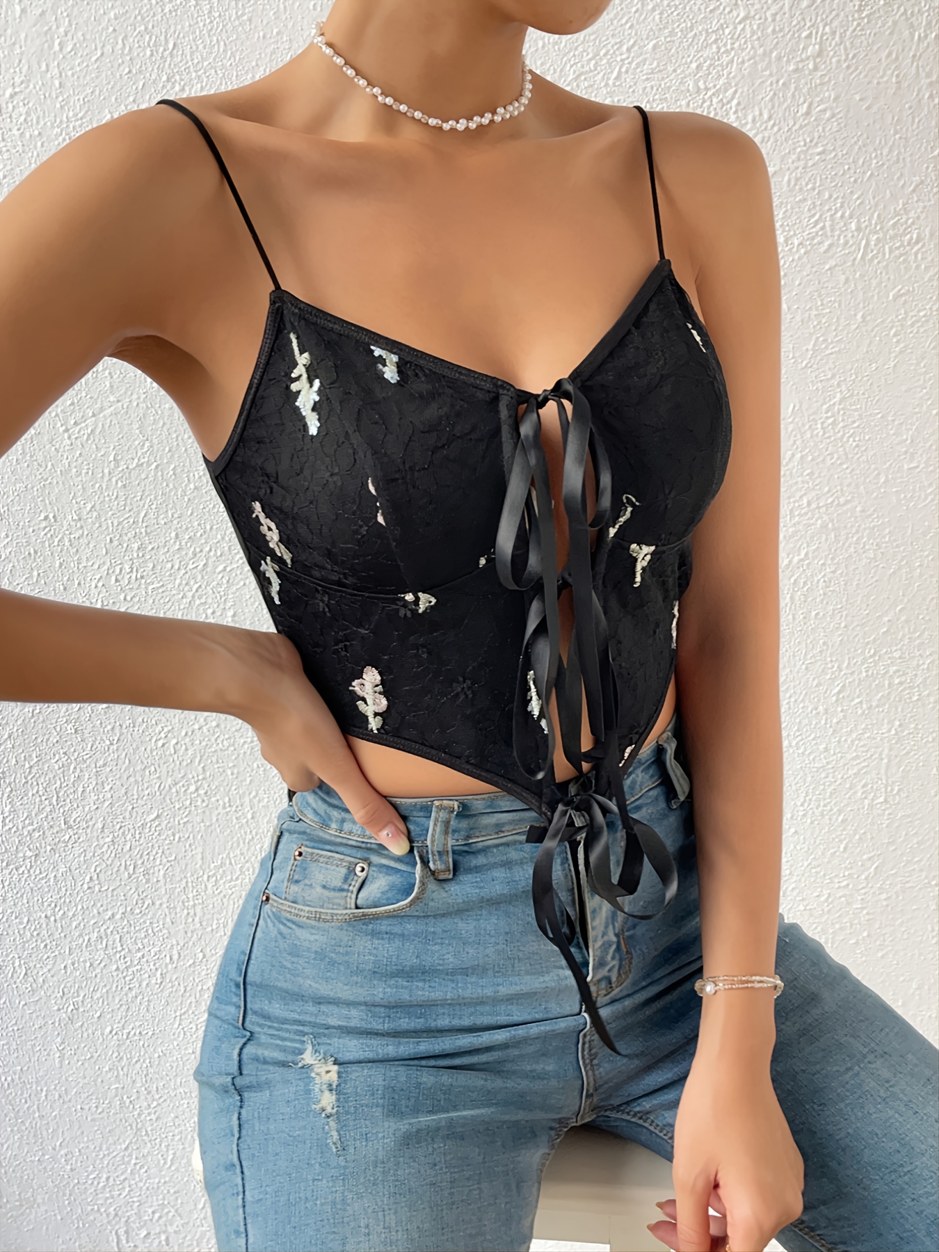 Embroidery Lace Up Camis Corset Style Top, Spaghetti Strap Camisole  Backless Sexy Small Sling Tank Tops, Women's Clothing