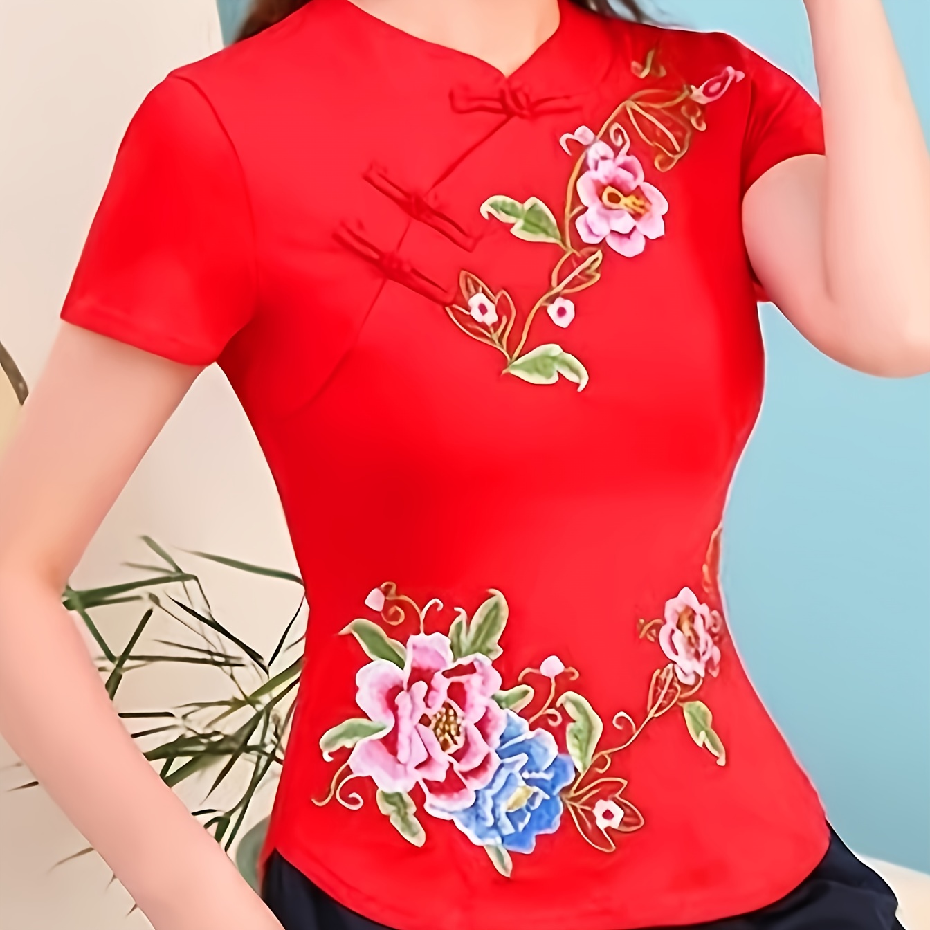 Retro Embroidered Cotton Blouse Mandarin Collar Short Sleeves Womens