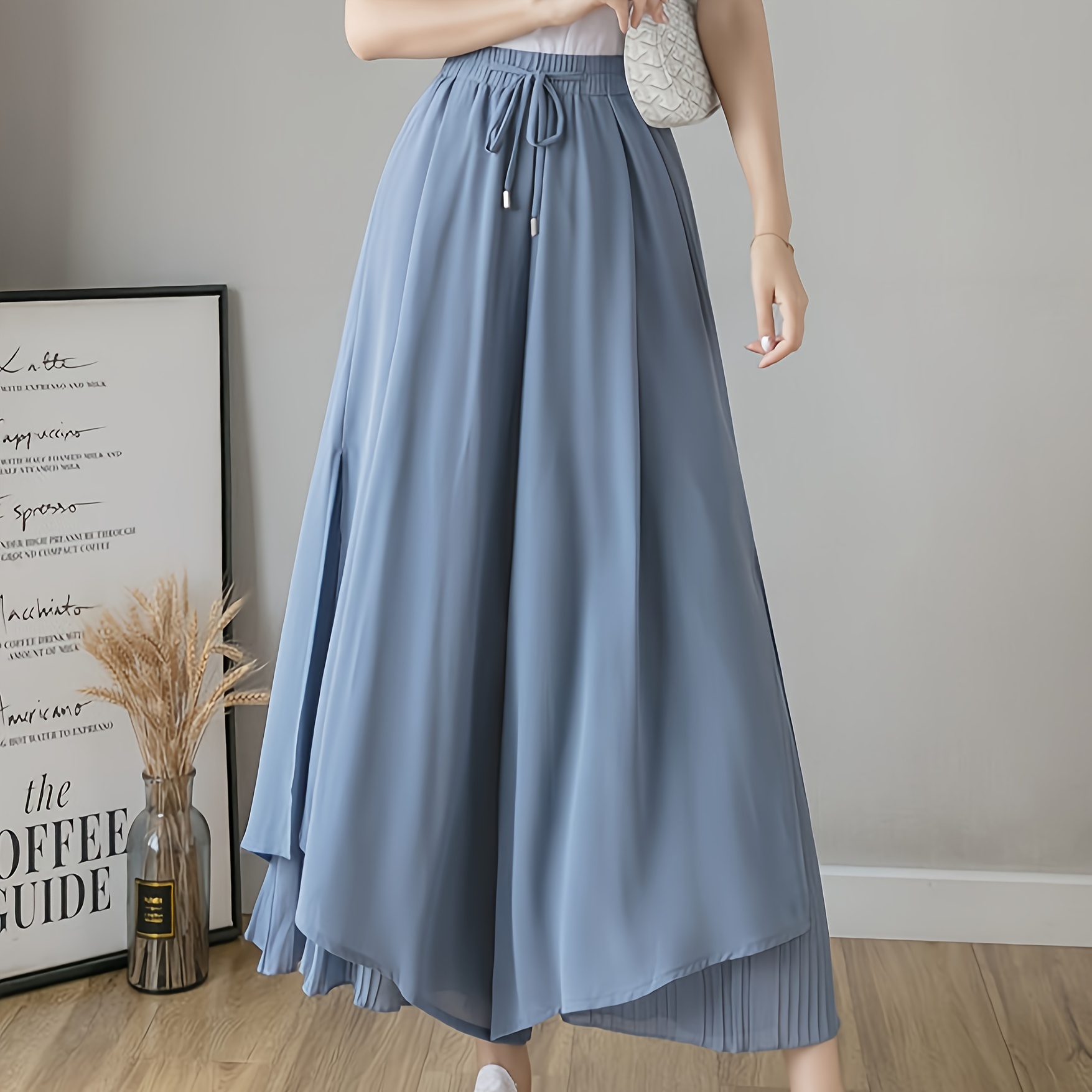 High Waist Solid Drawstring Pants Women s Chiffon Casual Wide Leg High 