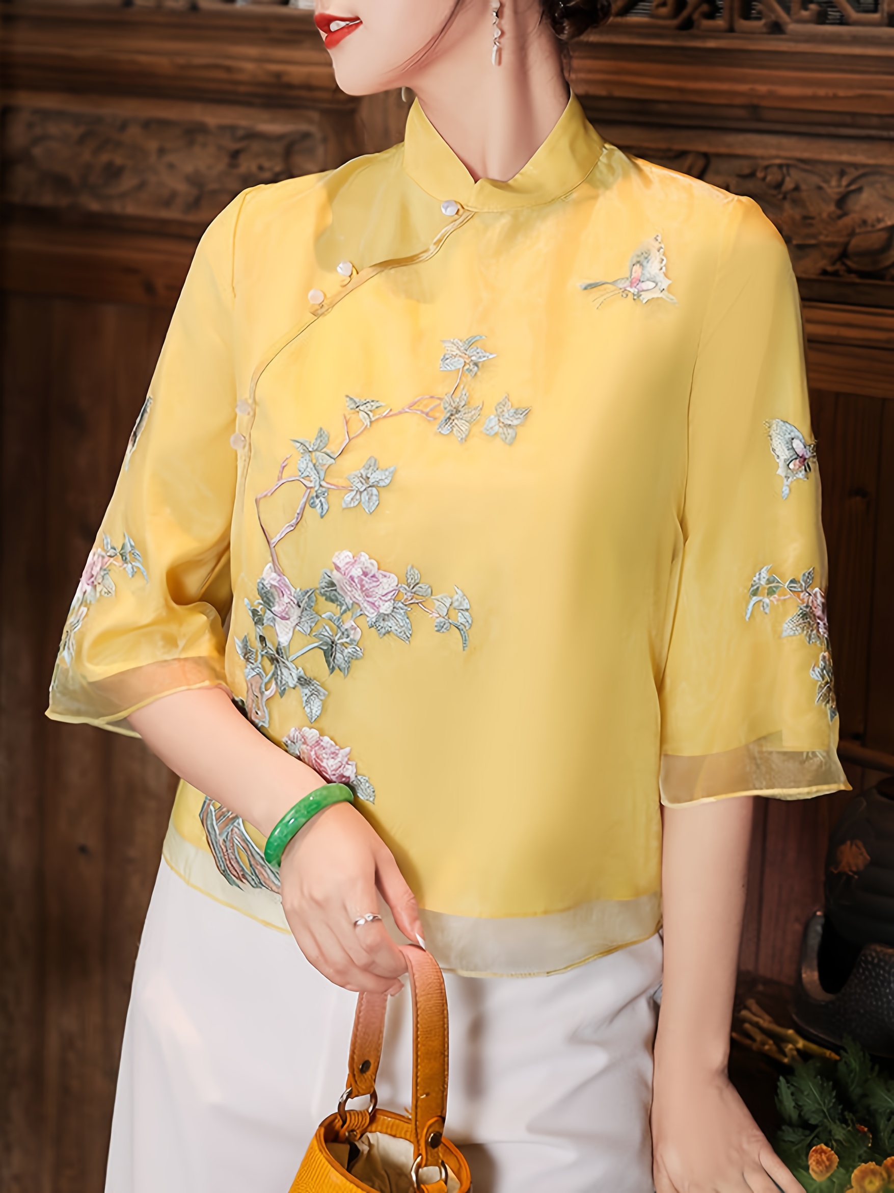 Women's Blouse Pink Yellow Plate Buckle Embroidered Flower Style Ethnic Retro Hanfu Cheongsam Tang Suit Tea Clothes Women's Top
