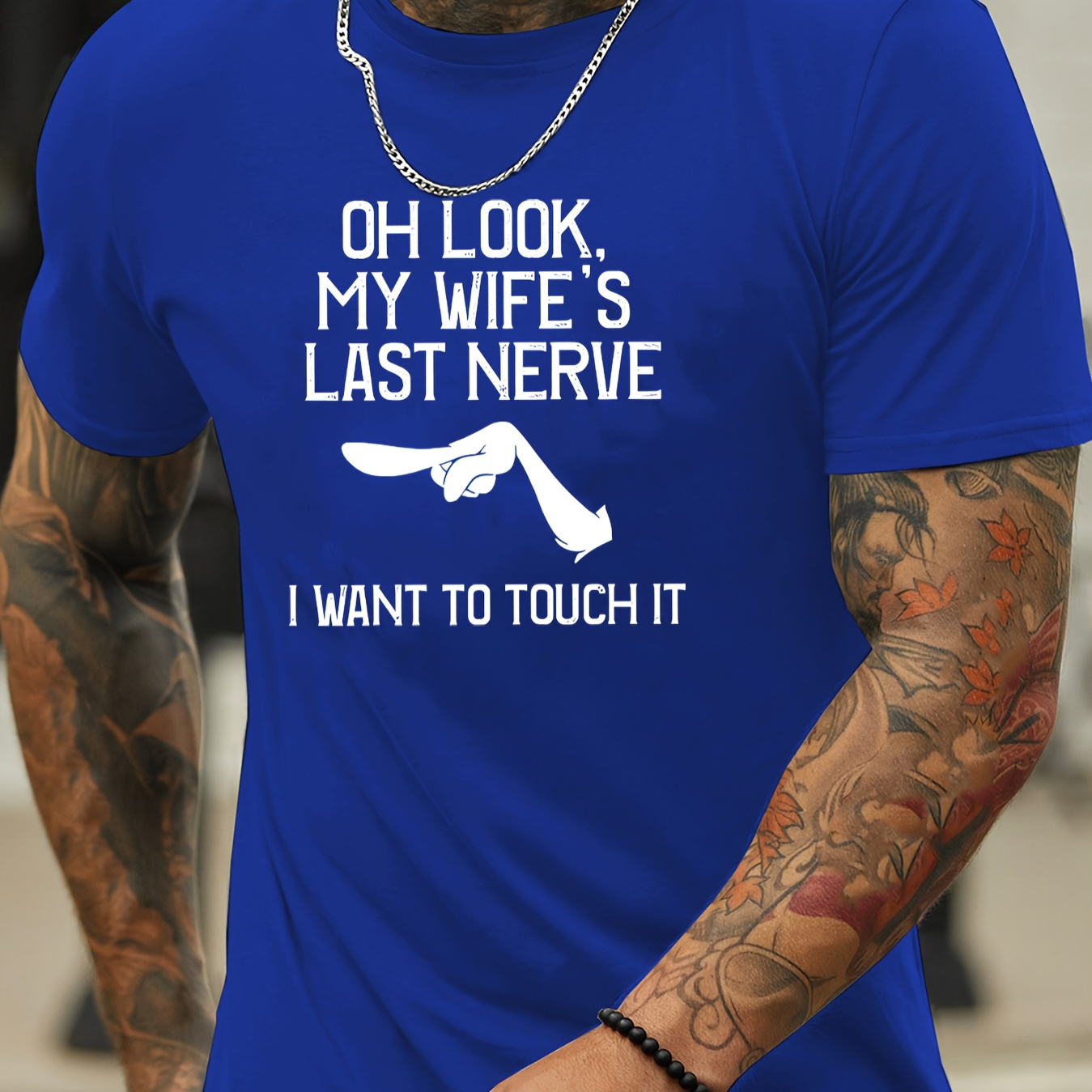 

Men's Trendy T-shirts, Comfort Fit, Casual Crew Neck Short Sleeves With "oh Look. My Wife's Last Nerve"print For Summer & Spring